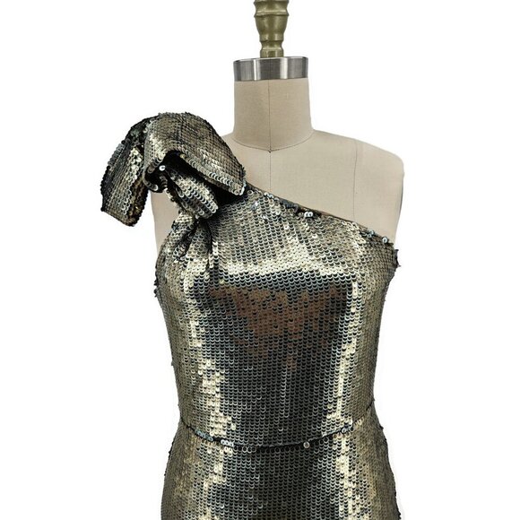 New Maeve One Shoulder Gold Sequin Mini Dress Womens 4 Body Con - Picture 3 of 10